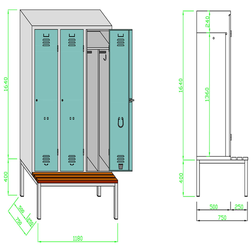 Vestiaire sur banc 3 portes B3 - Vert sapin - Henri Julien